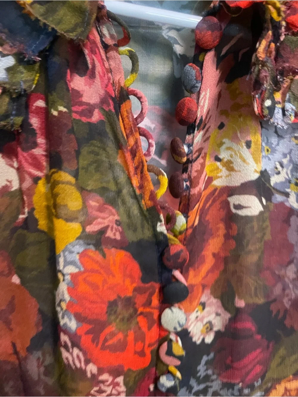 Doen Sheer Floral Ruffle Blouse - Red, Olive, Mustard